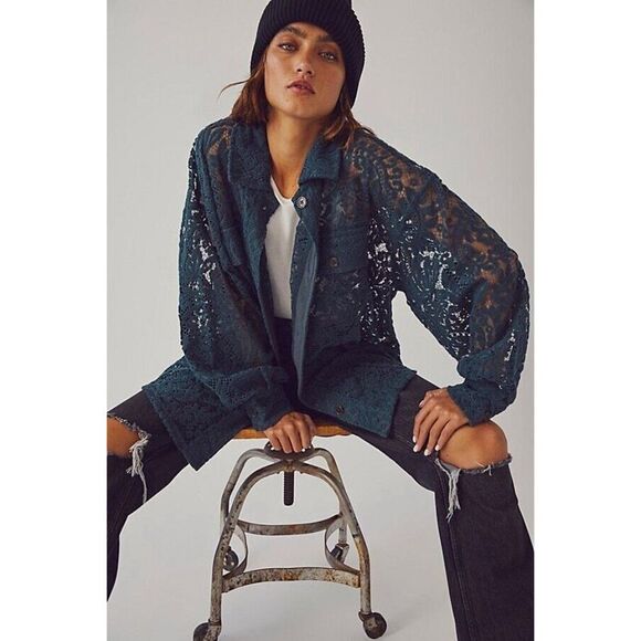 Free People Tops - NWT FREE PEOPLE Sz M RUBY LACE JACKET SHIRT SHACKET IN CHARCOAL